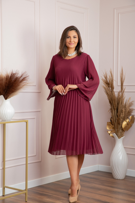 Rochie eleganta Arya grena plisata cu maneci lungi [3]