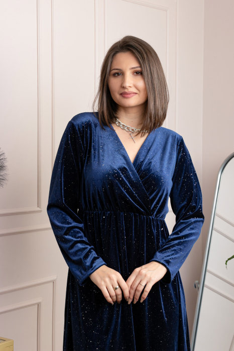 Rochie eleganta din catifea Alexa cu strasuri si croi petrecut - Bleumarin [2]
