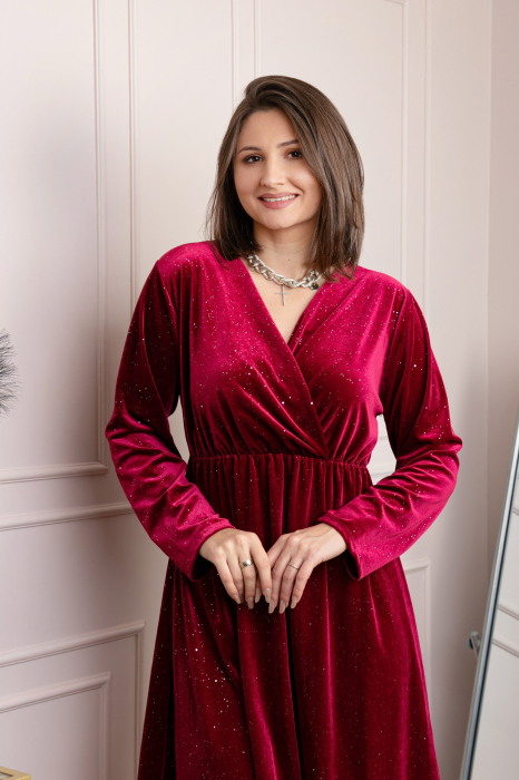 Rochie eleganta din catifea Alexa cu strasuri si croi petrecut - Grena [2]