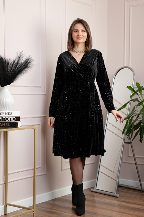 Rochie eleganta din catifea Alexa cu strasuri si croi petrecut - Negru [4]