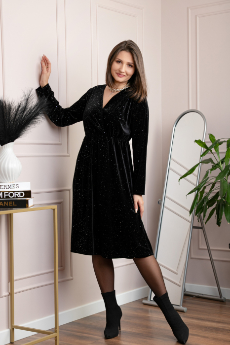 Rochie eleganta din catifea Alexa cu strasuri si croi petrecut - Negru [3]
