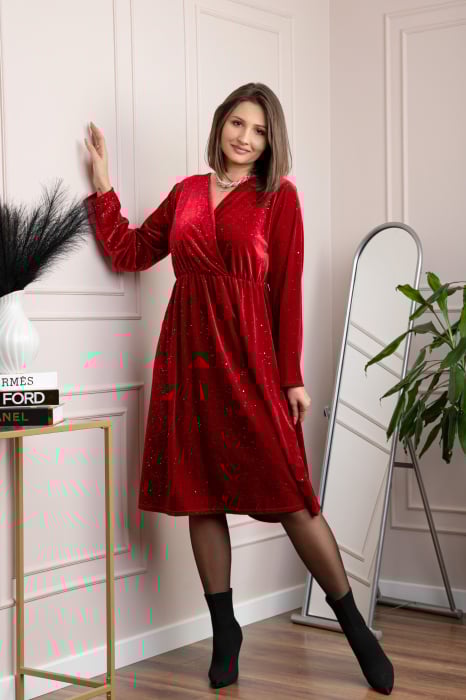 Rochie eleganta din catifea Alexa cu strasuri si croi petrecut - Rosu [3]