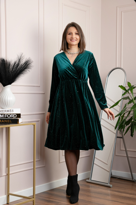 Rochie eleganta din catifea Alexa cu strasuri si croi petrecut - Verde [4]