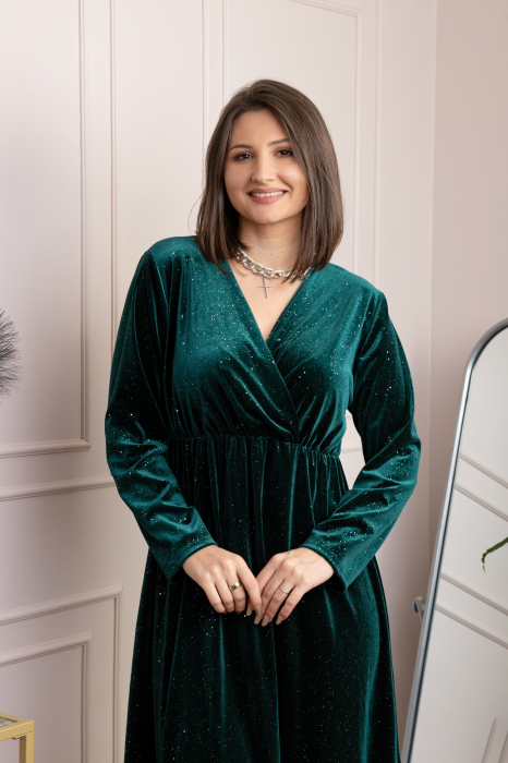 Rochie eleganta din catifea Alexa cu strasuri si croi petrecut - Verde [2]