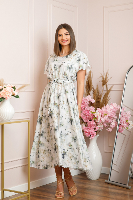 Rochie eleganta Fiorella cu imprimeuri florale - Alb cu gri [5]