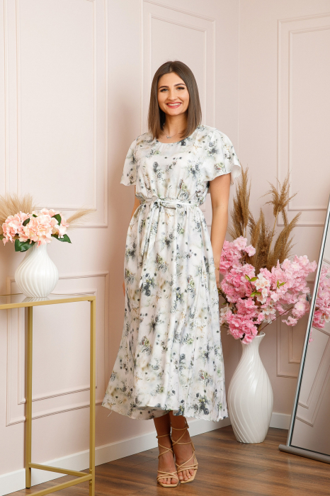 Rochie eleganta Fiorella cu imprimeuri florale - Alb cu gri [4]