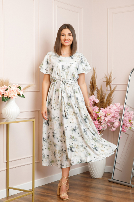 Rochie eleganta Fiorella cu imprimeuri florale - Alb cu gri [3]