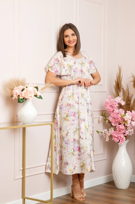 Rochie eleganta Fiorella cu imprimeuri florale - Alb cu roz
