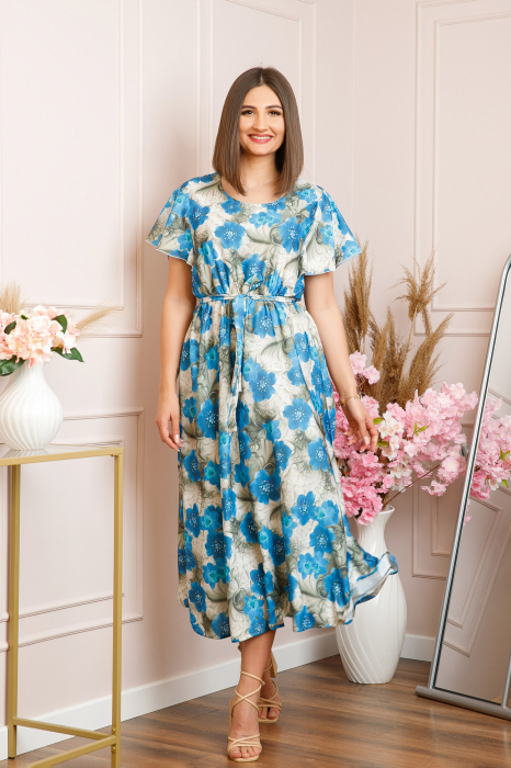 Rochie eleganta Fiorella cu imprimeuri florale - Albastru cu gri [5]