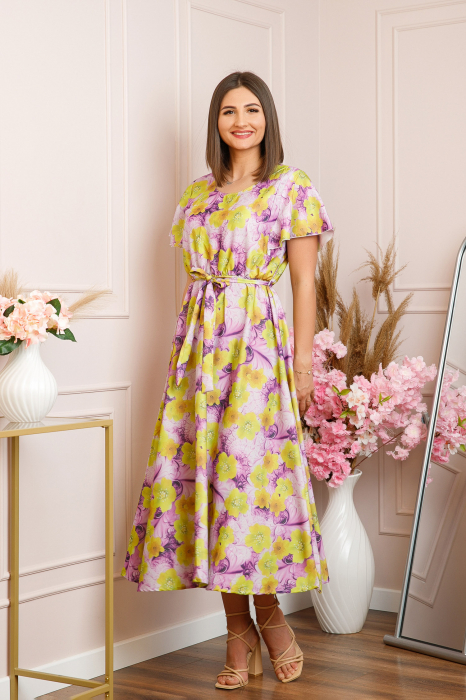 Rochie eleganta Fiorella cu imprimeuri florale - Galben cu mov [4]