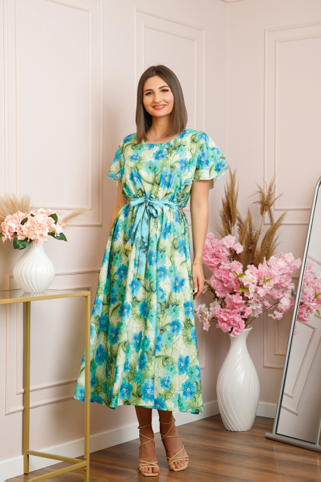 Rochie eleganta Fiorella cu imprimeuri florale - Turcoaz cu verde [4]