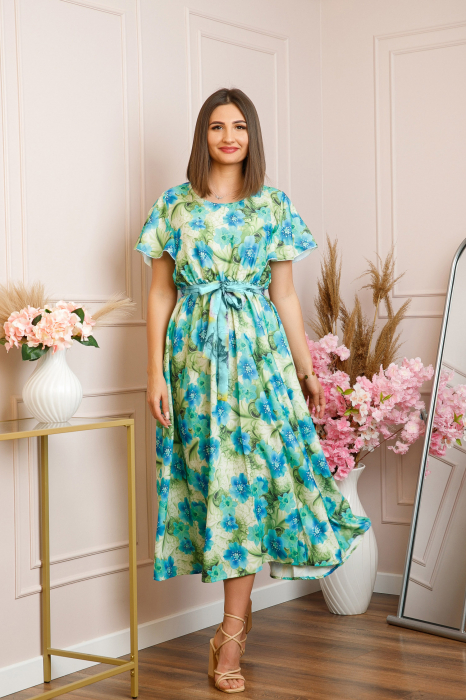 Rochie eleganta Fiorella cu imprimeuri florale - Turcoaz cu verde [3]
