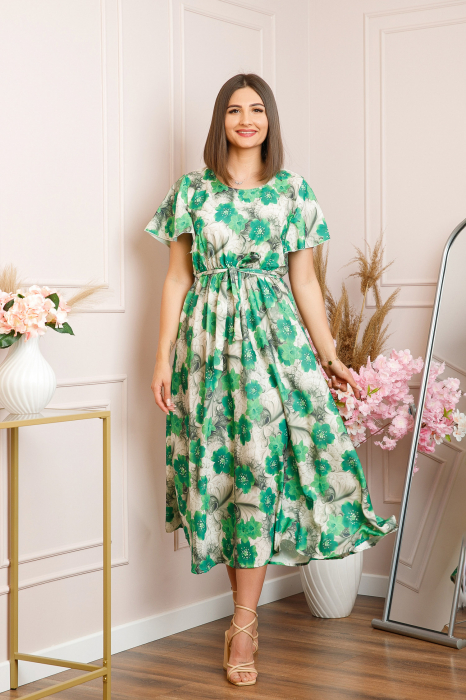 Rochie eleganta Fiorella cu imprimeuri florale - Verde cu gri [3]