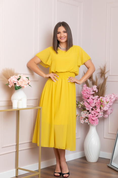 Rochie eleganta galbena Francesca cu talie incretita [4]