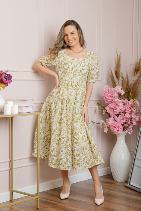 Rochie eleganta Helena cu imprimeuri florale si buzunare functionale - Bej [5]