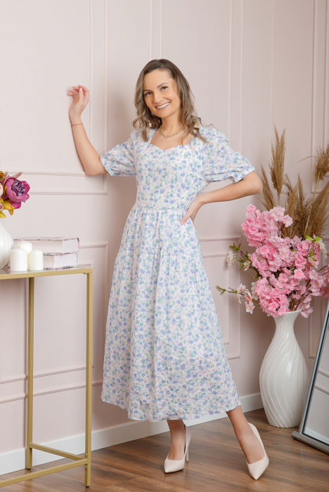Rochie eleganta Helena cu imprimeuri florale si buzunare functionale - Bleu [4]