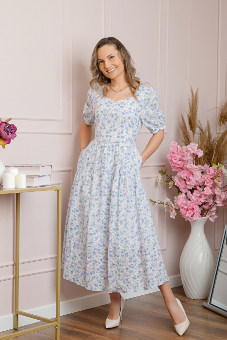 Rochie eleganta Helena cu imprimeuri florale si buzunare functionale - Bleu [3]
