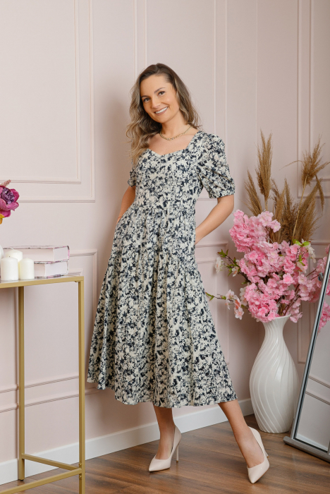 Rochie eleganta Helena cu imprimeuri florale si buzunare functionale - Negru [3]