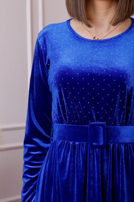 Rochie eleganta Kate din catifea albastru regal cu strasuri si centura in talie [2]