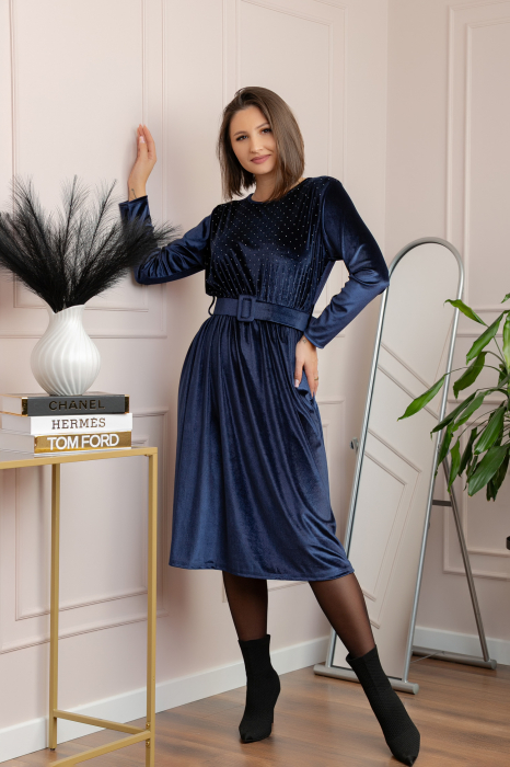 Rochie eleganta Kate din catifea bleumarin cu strasuri si centura in talie [1]