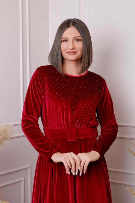 Rochie eleganta Kate din catifea grena cu strasuri si centura in talie [3]