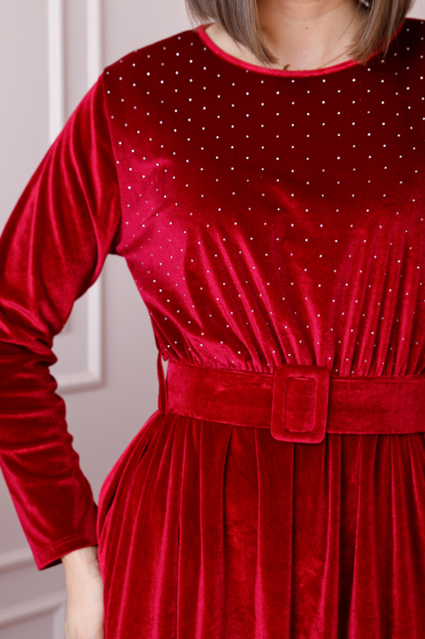 Rochie eleganta Kate din catifea grena cu strasuri si centura in talie [2]