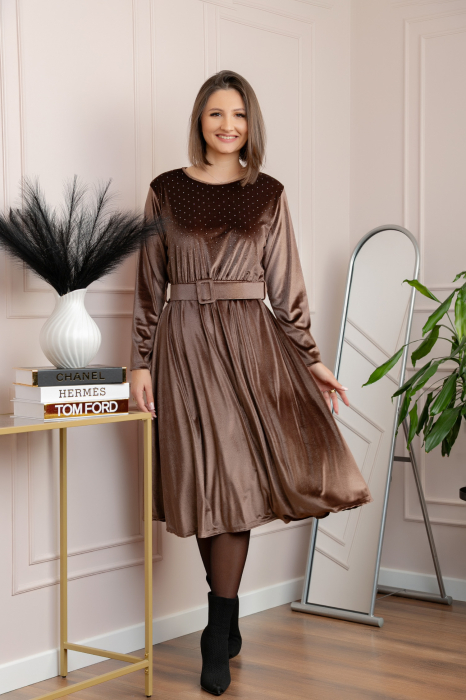 Rochie eleganta Kate din catifea maro cu strasuri si centura in talie [4]