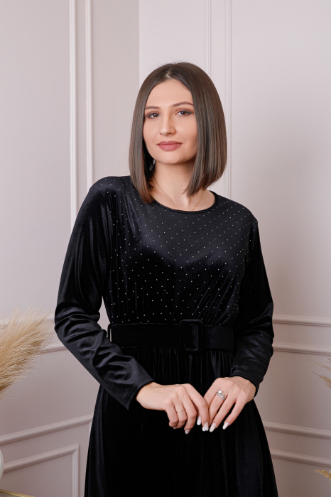 Rochie eleganta Kate din catifea neagra cu strasuri si centura in talie [3]