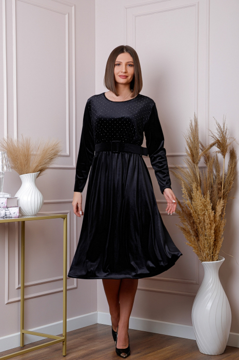 Rochie eleganta Kate din catifea neagra cu strasuri si centura in talie