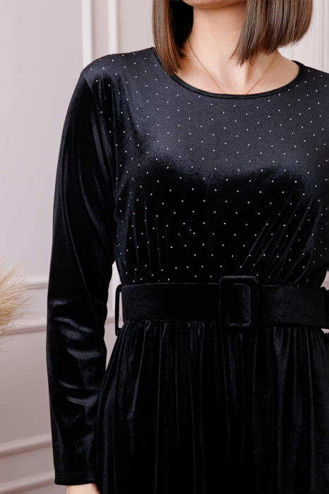 Rochie eleganta Kate din catifea neagra cu strasuri si centura in talie [2]