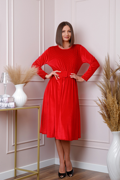 Rochie eleganta Kate din catifea rosie cu strasuri si centura in talie [4]