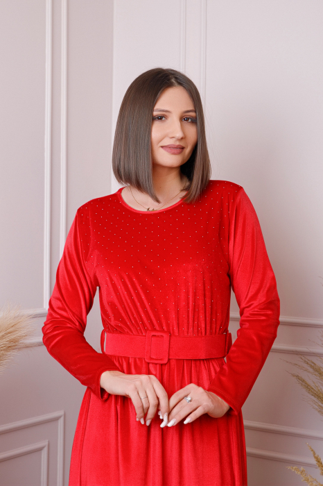 Rochie eleganta Kate din catifea rosie cu strasuri si centura in talie [3]