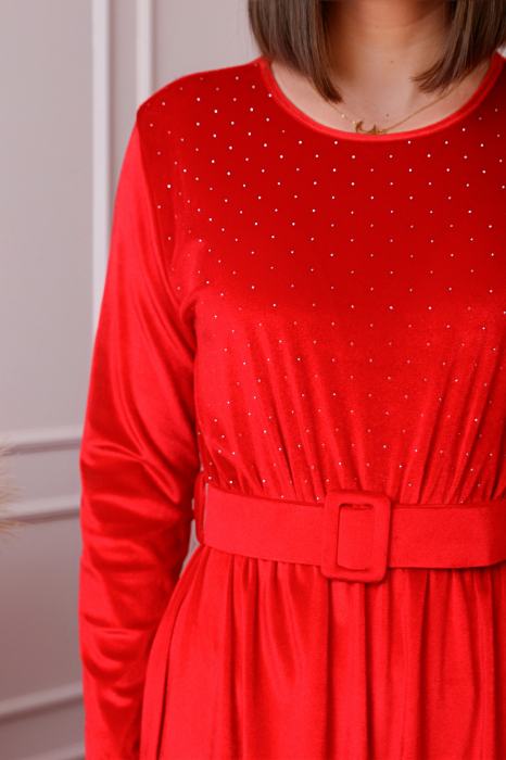 Rochie eleganta Kate din catifea rosie cu strasuri si centura in talie [2]
