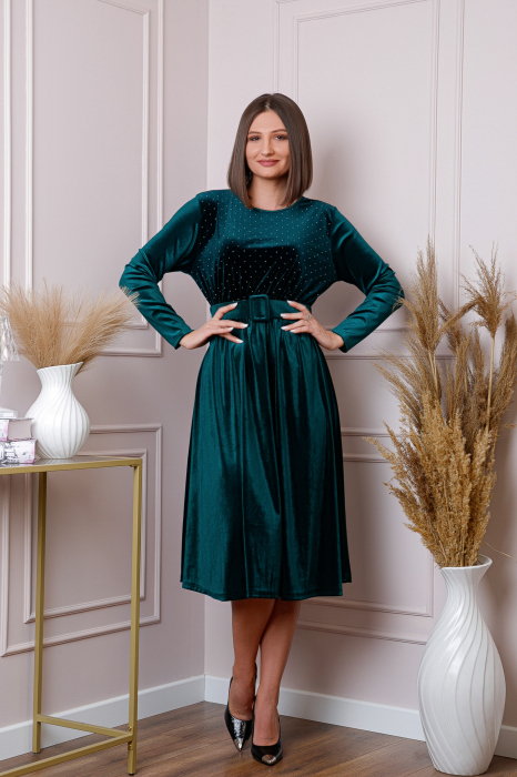 Rochie eleganta Kate din catifea verde cu strasuri si centura in talie [4]