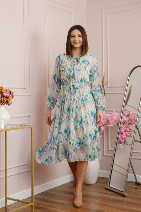 Rochie eleganta Lizzie din voal cu imprimeu floral turcoaz