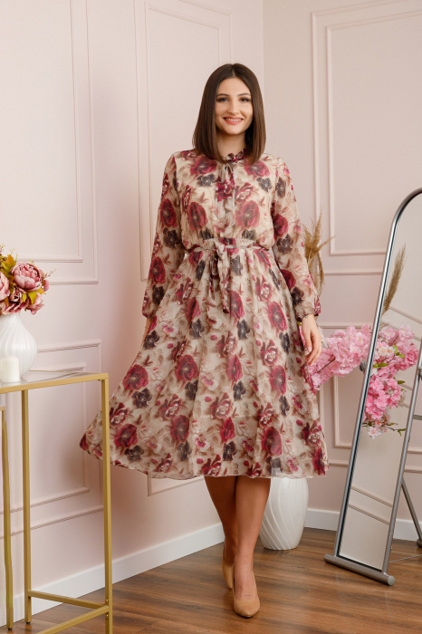 Rochie eleganta Lizzie din voal cu imprimeu floral visiniu