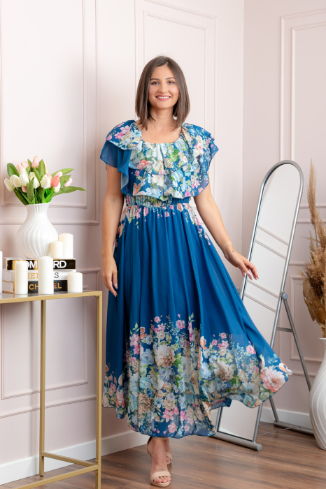 Rochie eleganta lunga Ayana cu imprimeri florale si volane ample - Albastru regal [4]