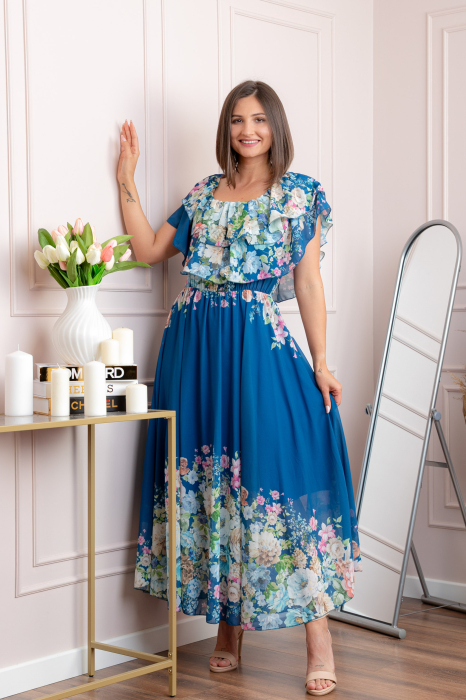 Rochie eleganta lunga Ayana cu imprimeri florale si volane ample - Albastru regal [3]