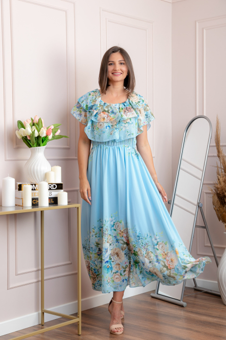 Rochie eleganta lunga Ayana cu imprimeri florale si volane ample - Bleu [4]