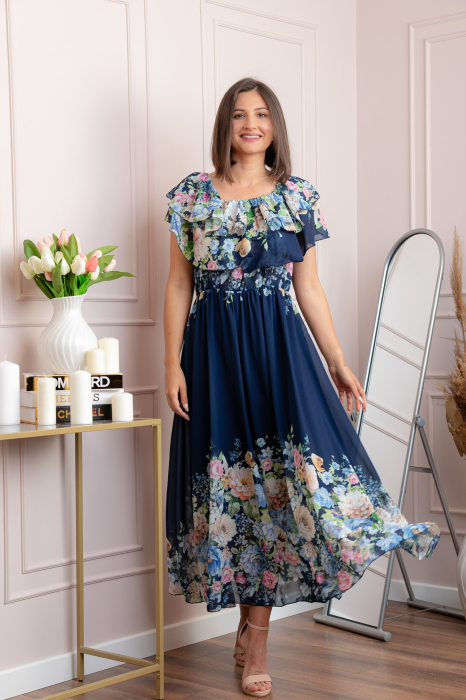 Rochie eleganta lunga Ayana cu imprimeri florale si volane ample - Bleumarin [4]