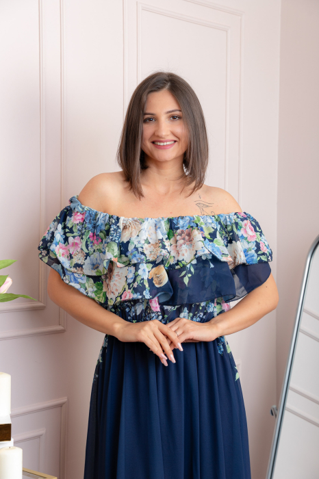 Rochie eleganta lunga Ayana cu imprimeri florale si volane ample - Bleumarin [2]