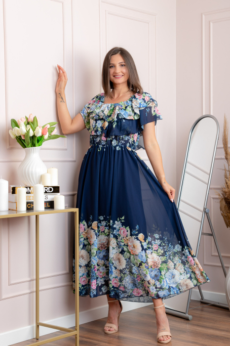 Rochie eleganta lunga Ayana cu imprimeri florale si volane ample - Bleumarin [3]
