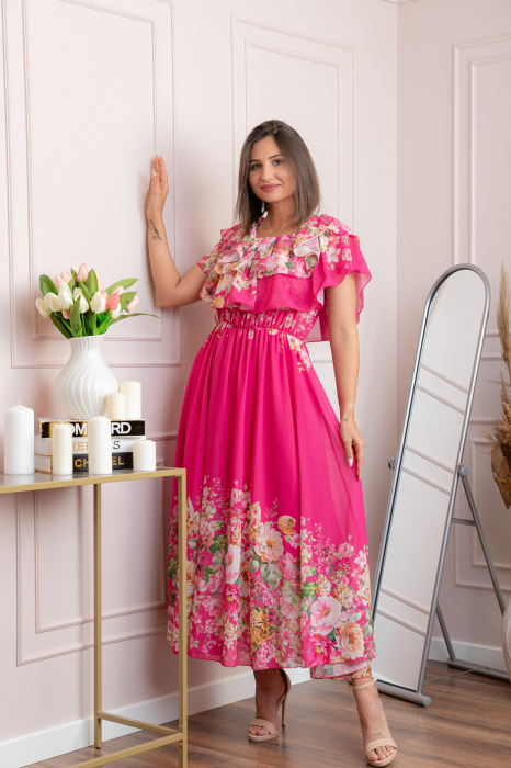 Rochie eleganta lunga Ayana cu imprimeri florale si volane ample - Ciclam [3]