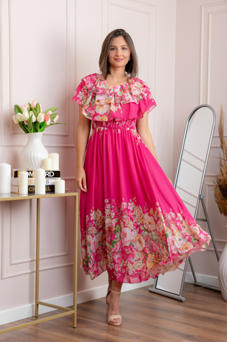 Rochie eleganta lunga Ayana cu imprimeri florale si volane ample - Ciclam [4]
