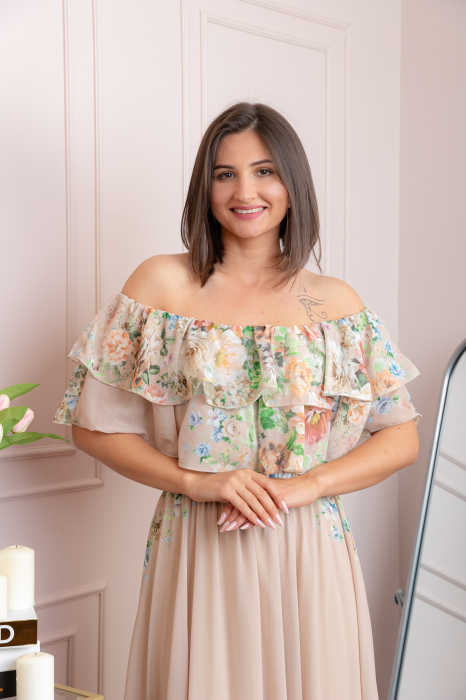 Rochie eleganta lunga Ayana cu imprimeri florale si volane ample - Crem [2]