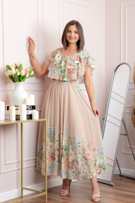 Rochie eleganta lunga Ayana cu imprimeri florale si volane ample - Crem [3]