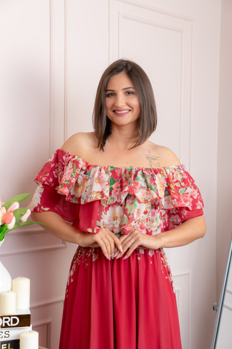 Rochie eleganta lunga Ayana cu imprimeri florale si volane ample - Grena [2]