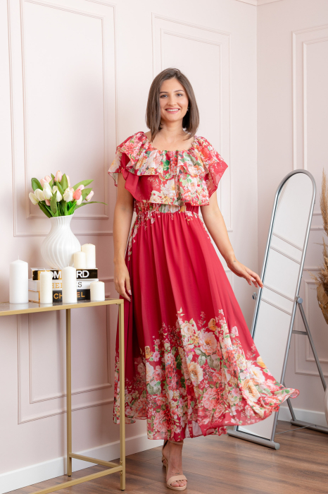 Rochie eleganta lunga Ayana cu imprimeri florale si volane ample - Grena [4]