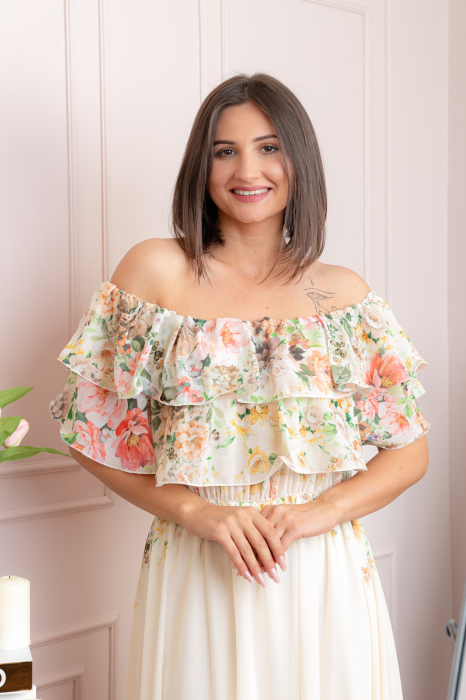 Rochie eleganta lunga Ayana cu imprimeri florale si volane ample - Ivoire [2]