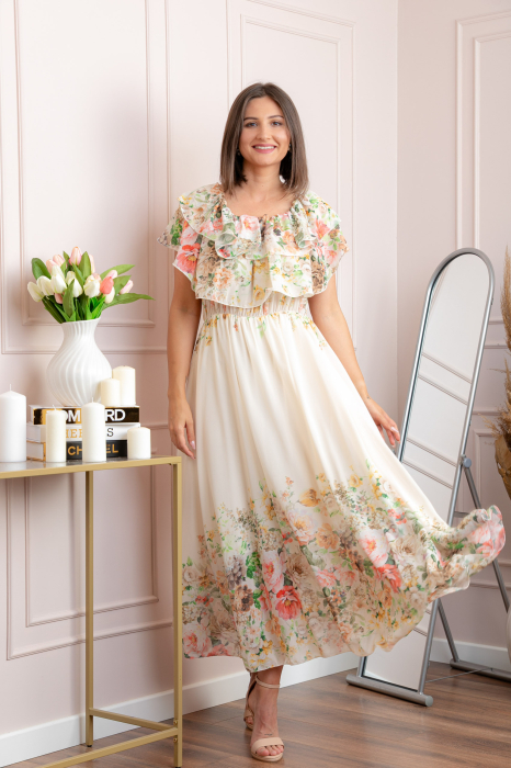 Rochie eleganta lunga Ayana cu imprimeri florale si volane ample - Ivoire [4]